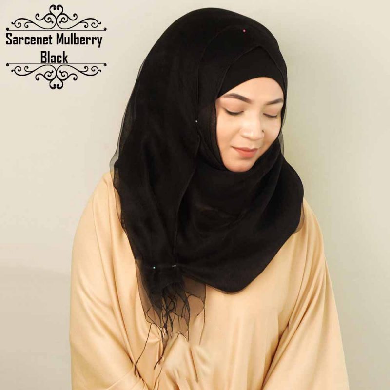 Sarcenet Mulberry Silk Hijab - Black by Deshi Amazon